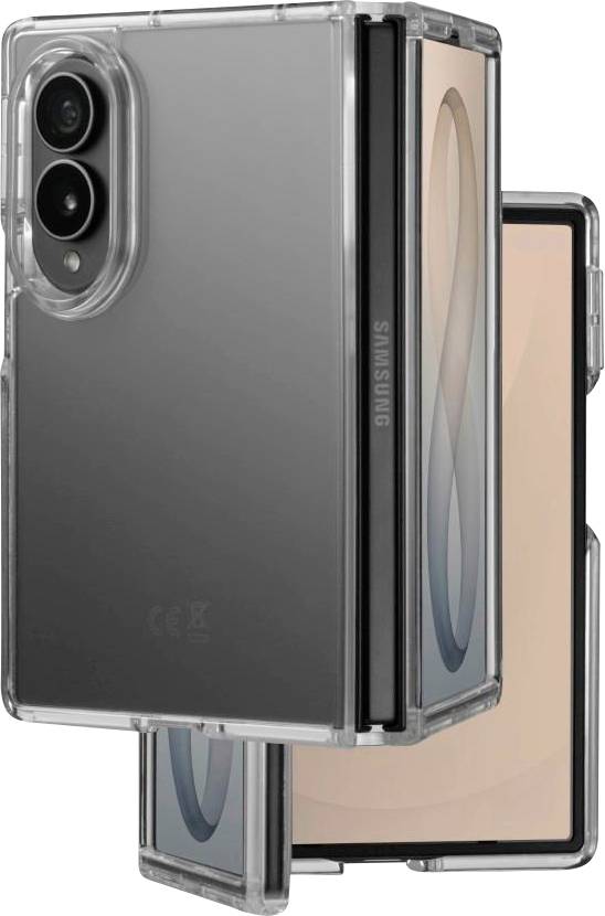 Skládací smartphone Samsung zobrazený otevřený a zavřený v čiré ochranné tašce, zvýrazňující přední a zadní pohledy.
