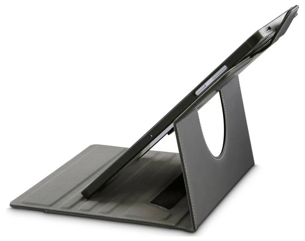 Černý tablet v skládacím pouzdře se stojánkem, nakloněný vzpřímeně pro bezplatné prohlížení na bílém pozadí.