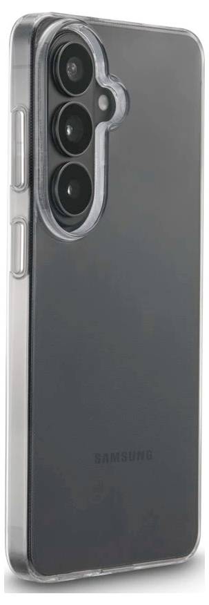 Transparentní pouzdro na telefon na chytrém telefonu Samsung, ukazující zadní trojitý otvor na fotoaparát a postranní tlačítka.