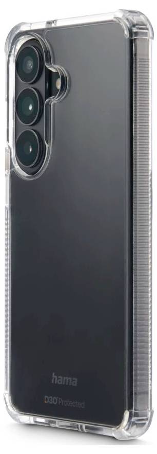 Průhledný ochranný kryt na telefon se zvýšeným výřezem pro kameru a třemi otvory pro zadní objektivy; značka „hama" v dolní části.