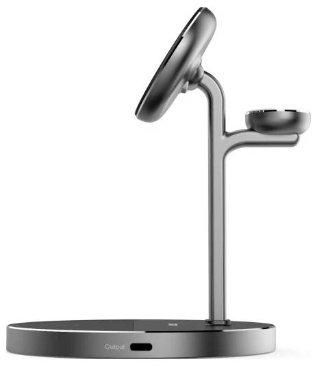 3D renderovaný nakloněný bezdrátový nabíjecí stojan s telefonem na vertikální podpěře a malou mískou pro sluchátka na straně