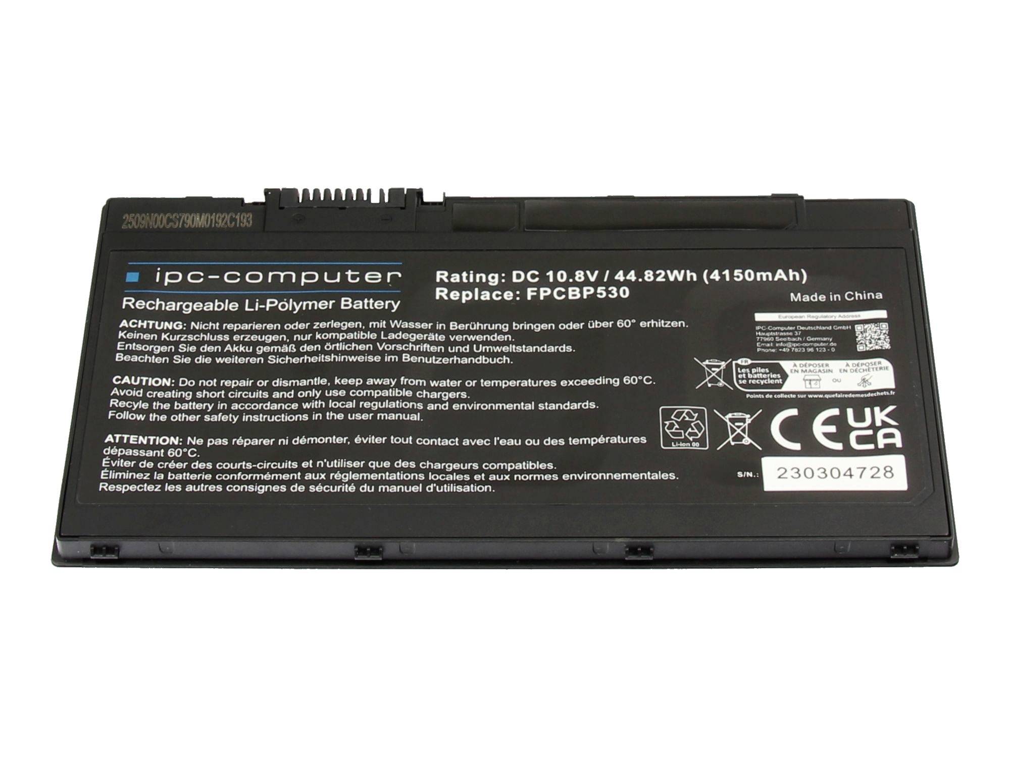 Černý IPC-počítač nabíjecí Li-polymerová baterie do notebooku, označená DC 10,8V 44,82Wh (4150mAh) a vyměnitelná FPCBP530.