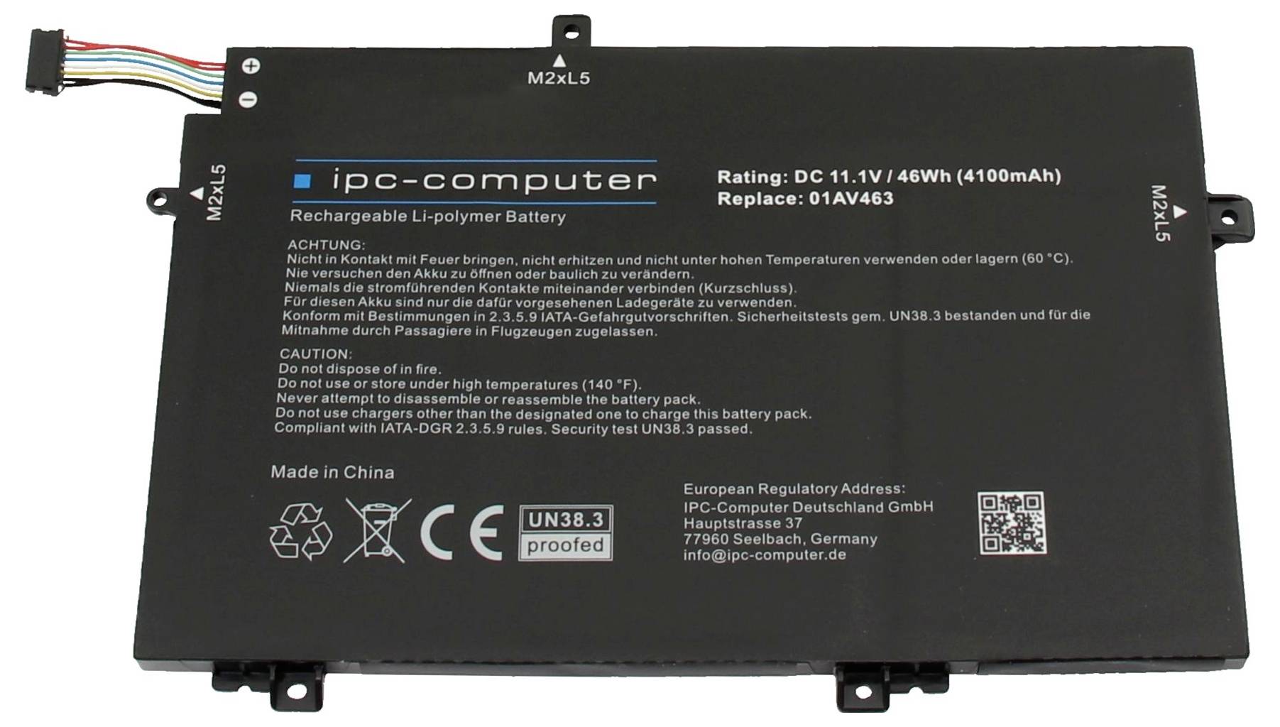 Černý bateriový balíček IPC-Computer z nabíjecího lithium-polymerního materiálu s připojeným vícebarevným kabelem; štítek ukazuje 11,1V, 46Wh, 4100mAh a bezpečnostní upozornění.