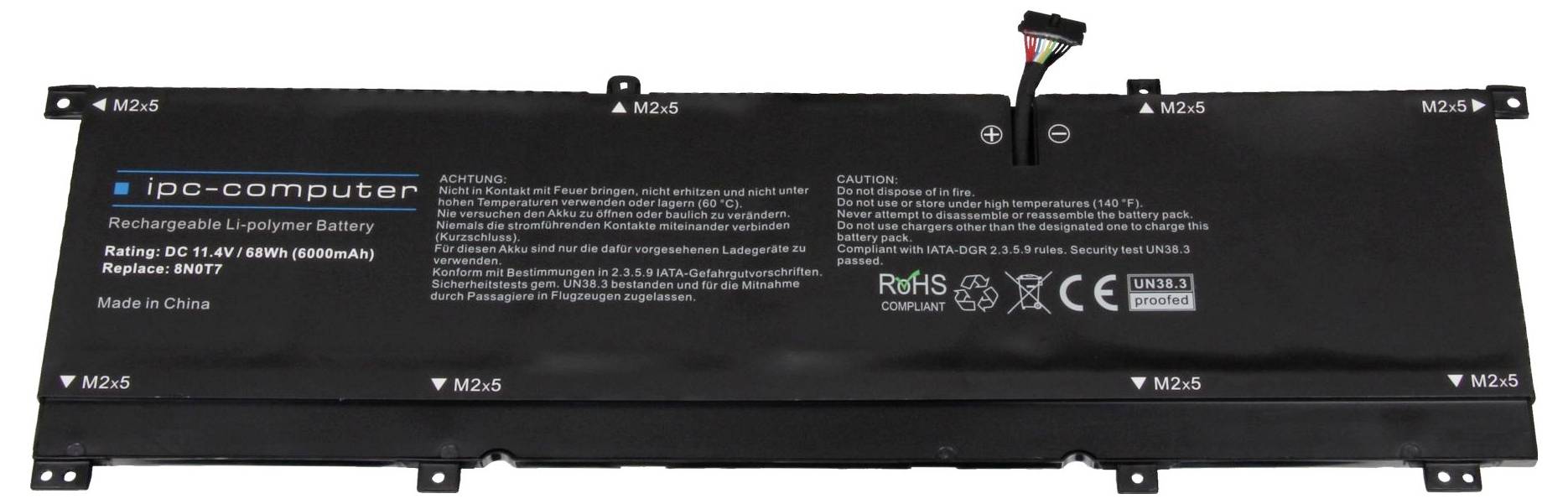 Černý akumulátor laptopů označený 'iPS-computer' s varovným textem a certifikačními značkami, zobrazený na bílém pozadí.