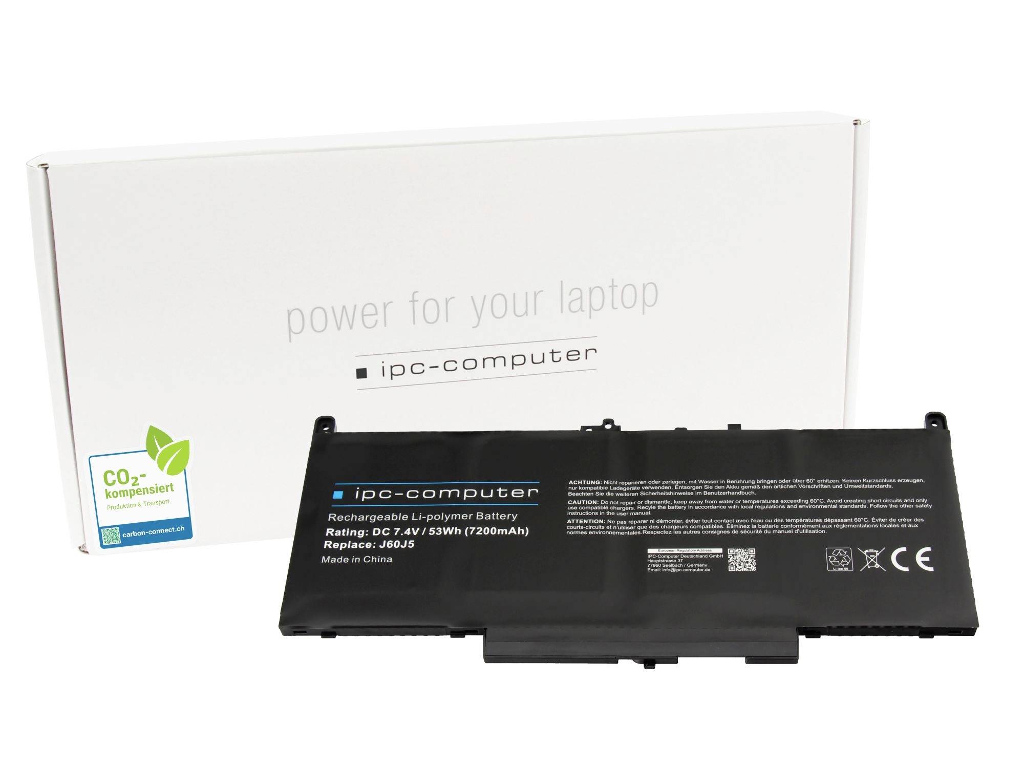 Náhradní baterie do notebooku před bílou skříní IPC-Computer označenou „energie pro váš notebook" a CO2-kompenzováno