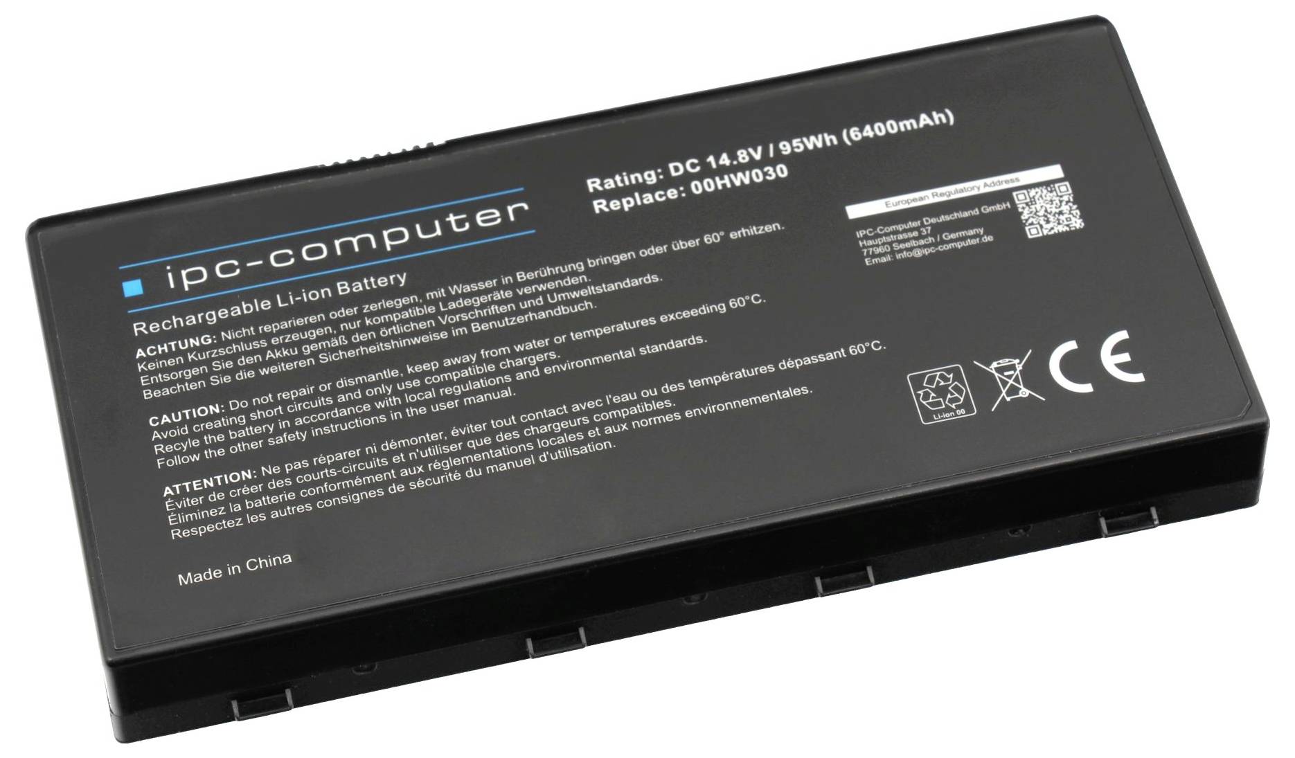 Černá baterie notebooku označená 'ipc-computer' se specifikacemi 14,8V 95Wh a QR kódem, zobrazená na bílém pozadí.