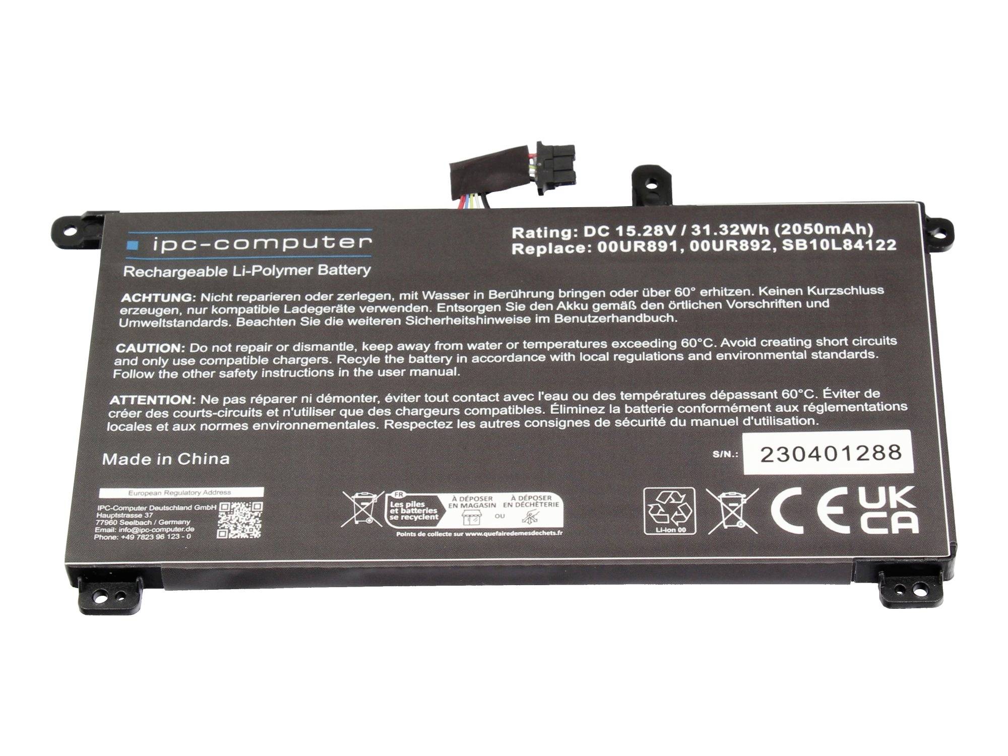 Bateriový balíček označený 'ipc-computer' s DC 15,28V, 31,32Wh; varovný text a údaje výrobce vytištěné na pouzdře.