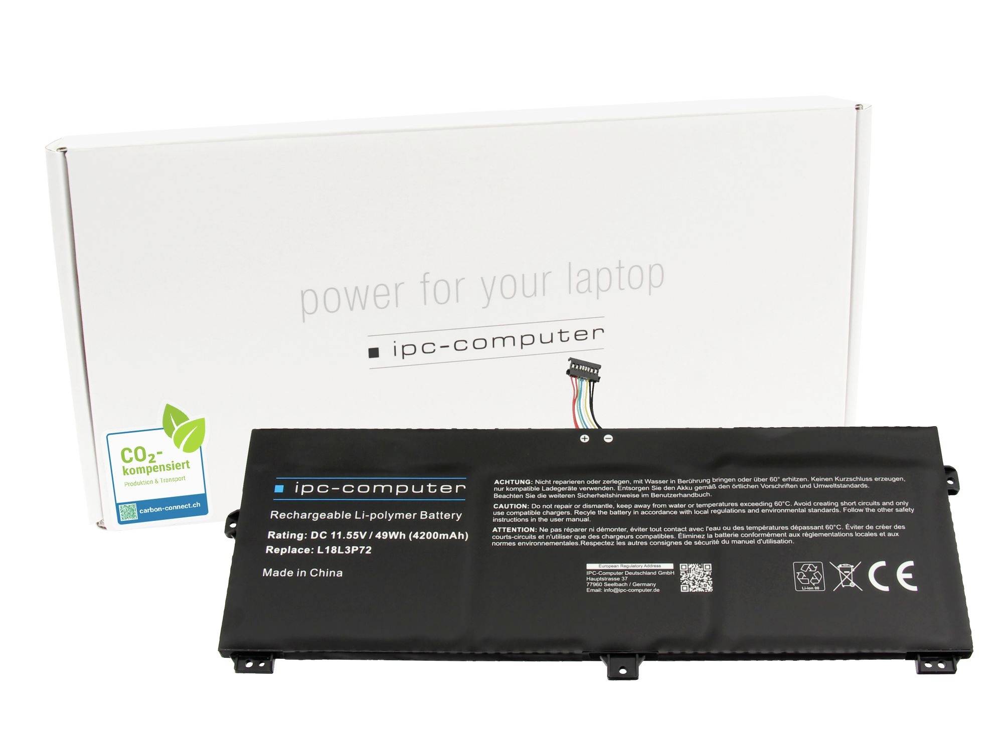 Sada na výměnu baterie notebooku s černou nabíjecí lithium-polymerní baterií ipc-computer v přední části bílé krabice označené „energie pro váš notebook".