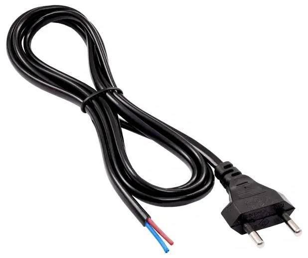 Černý kabel se síťovou vidlicí pro evropské dvoupólové zásuvky a odstavenými červeným a modrým drátem na koncích.