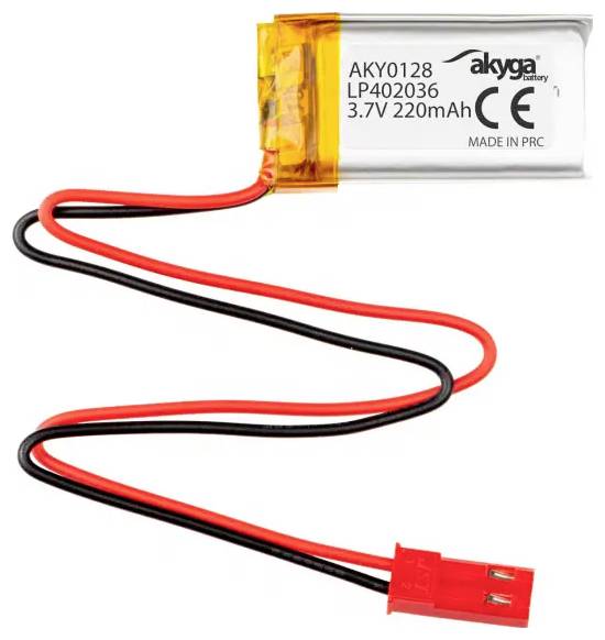 Malá nabíjecí lithiová baterie Akyga značená „LP402036 3,7V 220mAh" s červeným a černým vodičem zakončeným červeným konektorem.