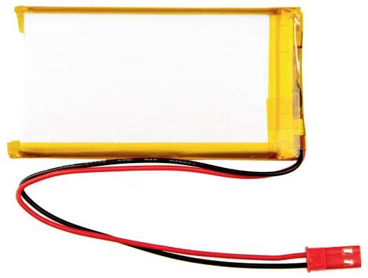 Obdélníková lithium-polymerní baterie s červeným a černým vodičem končícím v červeném konektoru.