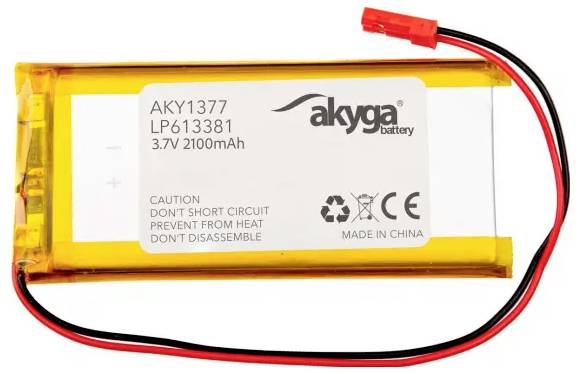 Nabíjecí lithiový akumulátor Akyga s označením AKY1377 LP613381, 3.7V 2100mAh, s červeným a černým vodičem a konektorem.