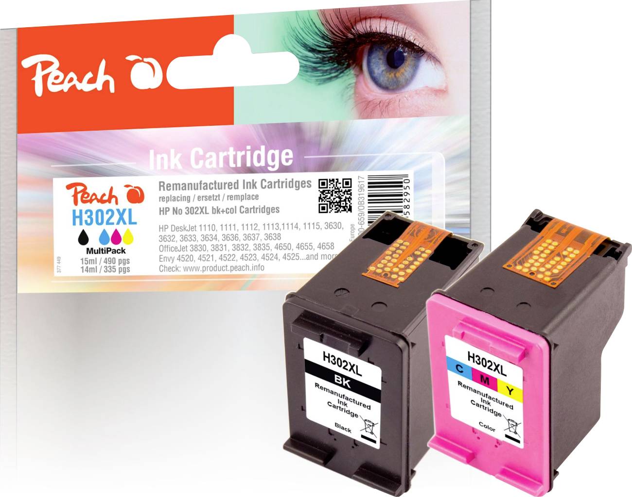 Produktfoto inkoustových kazet Peach H302XL: obal s upozorněním na kompatibilitu s tiskárnami HP, vedle něj dvě kazety, černá a barevná.