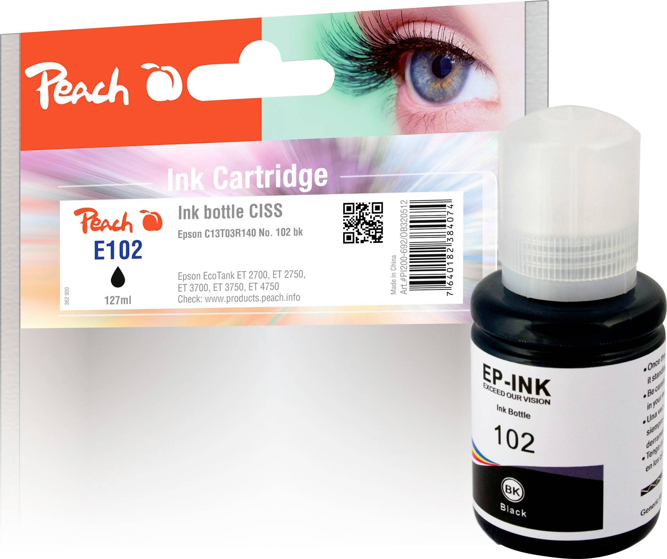 Černá lahvička s inkoustem „EP-INK 102“ od značky Peach v obalu pro tiskárny Epson EcoTank, vedle produktového obalu s údaji o modelu.