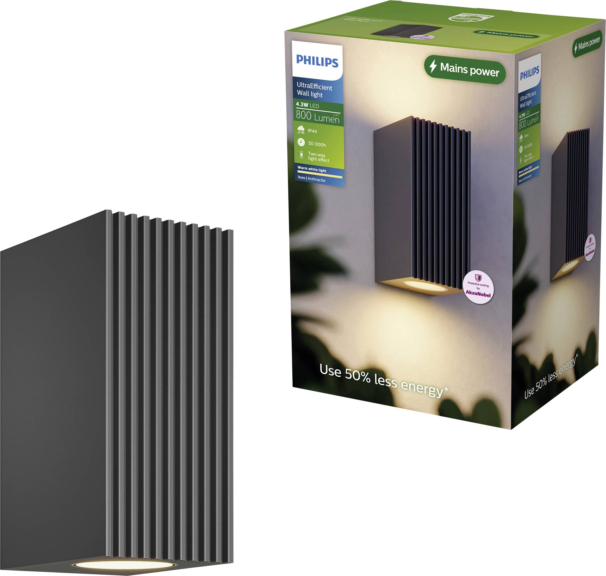 Nástěnné svítidlo Philips UltraEfficient zobrazené vedle své produktové krabice, černé žebrované LED svítidlo se teplým dolů směřujícím světlem a štítkem „Napájení ze sítě".