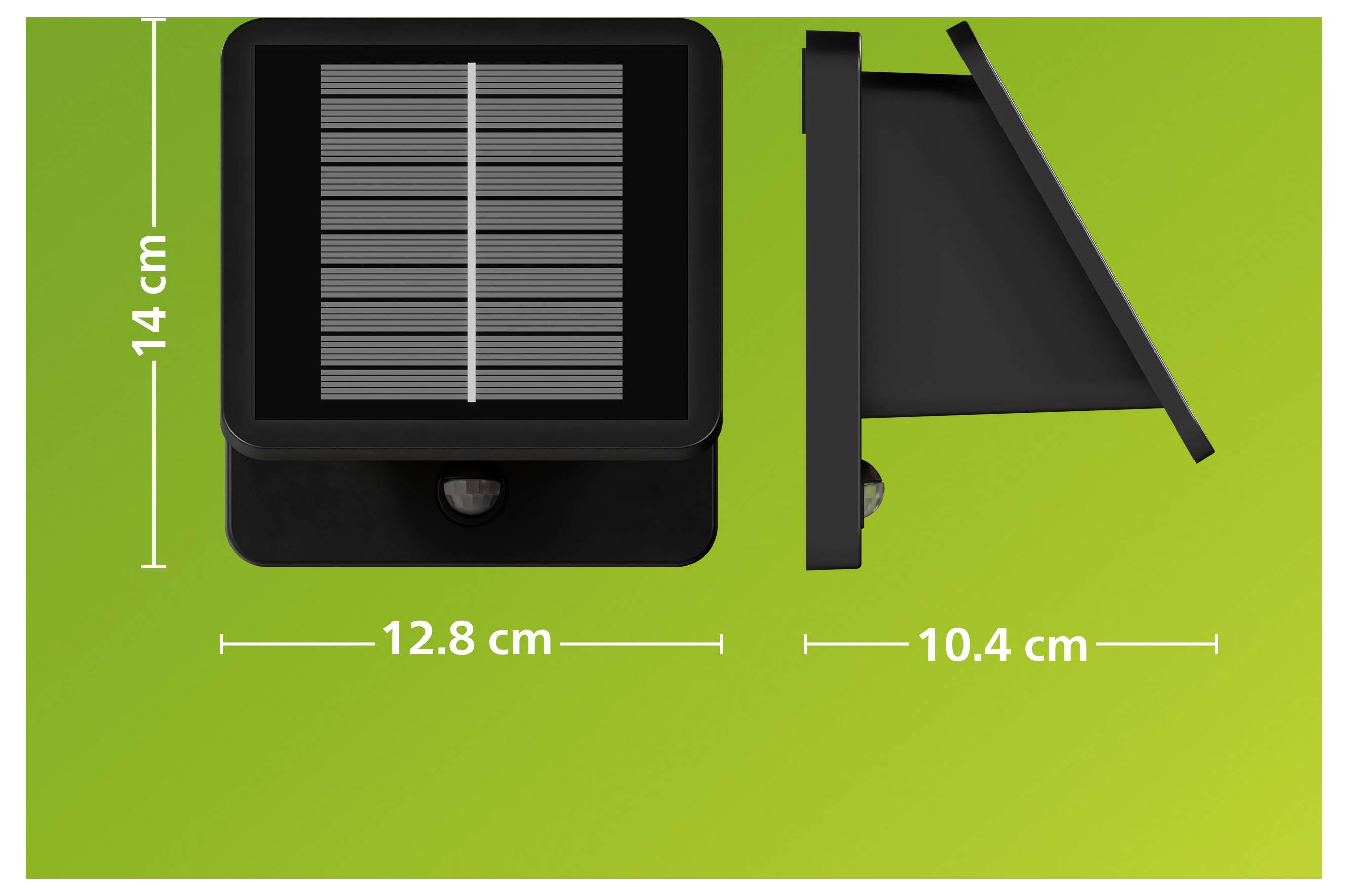 Solární nástěnné světlo zobrazeno v přední a postranní projekci s rozměry: 14 cm vysoké, 12,8 cm široké a 10,4 cm hluboké.