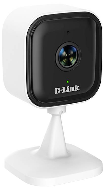 Bezpečnostní kamera D-Link pro domácnost s černým předním objektivem na bílém stojanu.