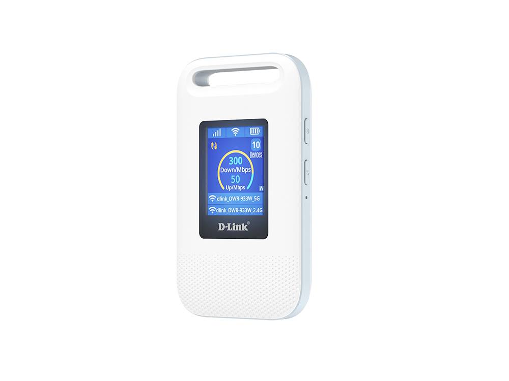 Bílý přenosný Wi‑Fi hotspot D-Link s malým barevným displejem zobrazujícím 300 Mbps a stav sítě 5G/4G.