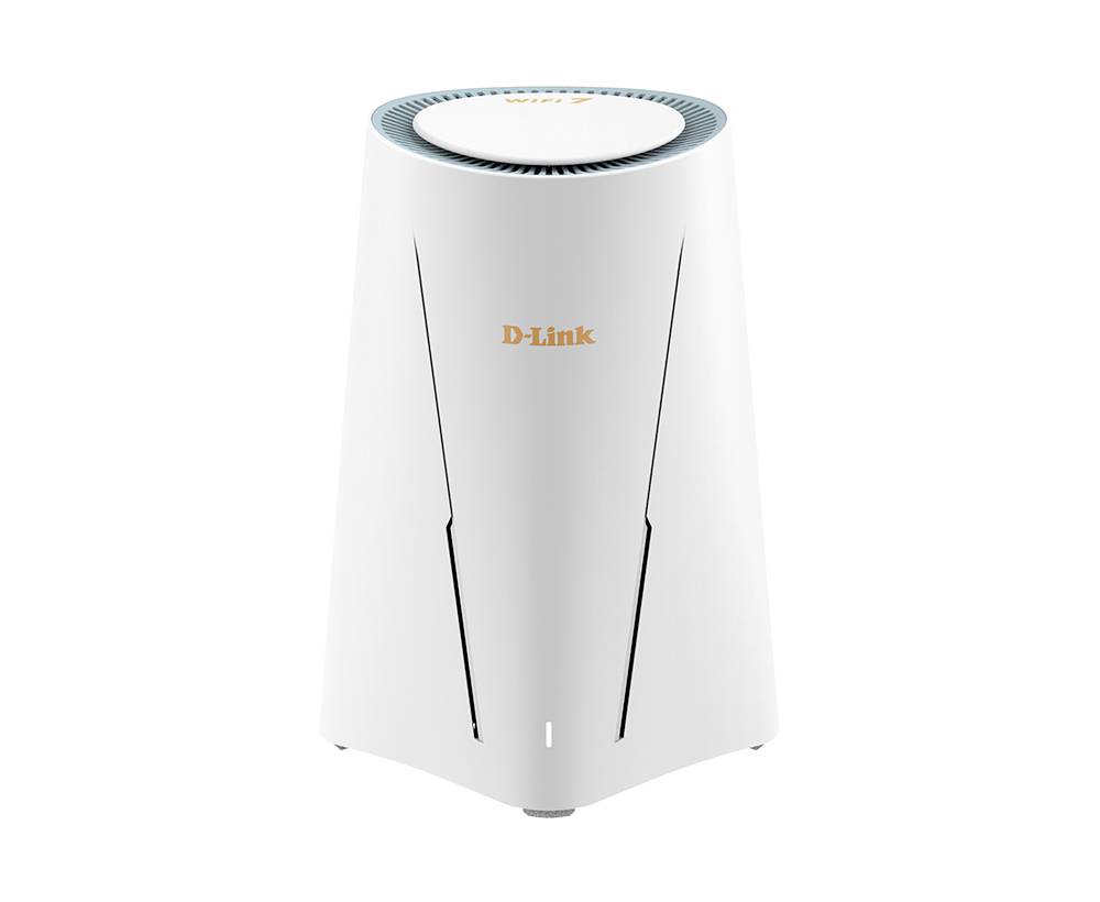 Bílý bezdrátový router D-Link nebo jednotka mesh Wi-Fi zobrazené v přední pohledu na bílém pozadí.