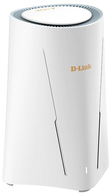 Bílý Wi-Fi router D-Link nebo mesh zesilovač stojící vzpřímeně s oranžovým logem D-Link a větráním na vrcholu.