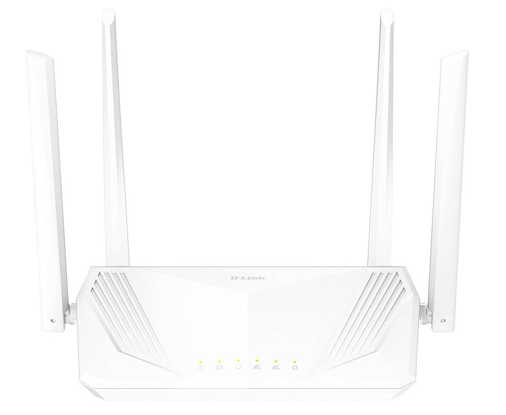 Bílý router Wi-Fi D-Link se čtyřmi externími anténami a předními stavovými indikátory, zobrazený na bílém pozadí.