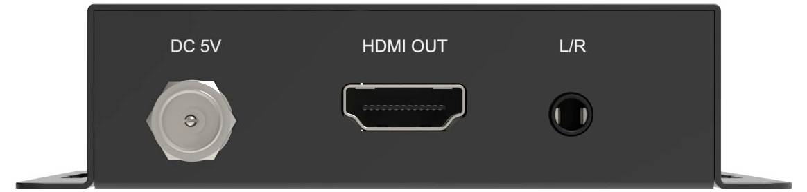 Zblízka panelu zadní strany zařízení zobrazující tři označené porty: vstup napájení DC 5V, výstup HDMI a stereofonní výstup zvuku L/R.