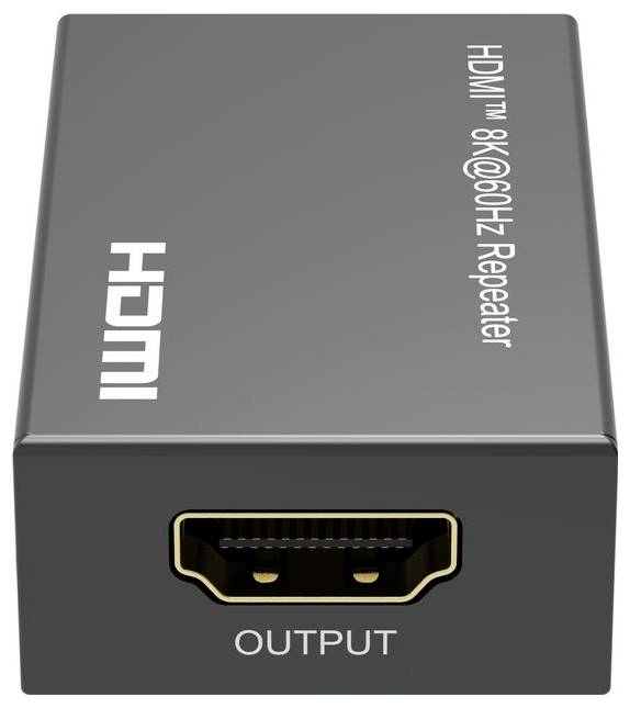 Černá HDMI zesilovací box označená "HDMI 8K@60Hz Repeater" s jedním portem HDMI OUTPUT