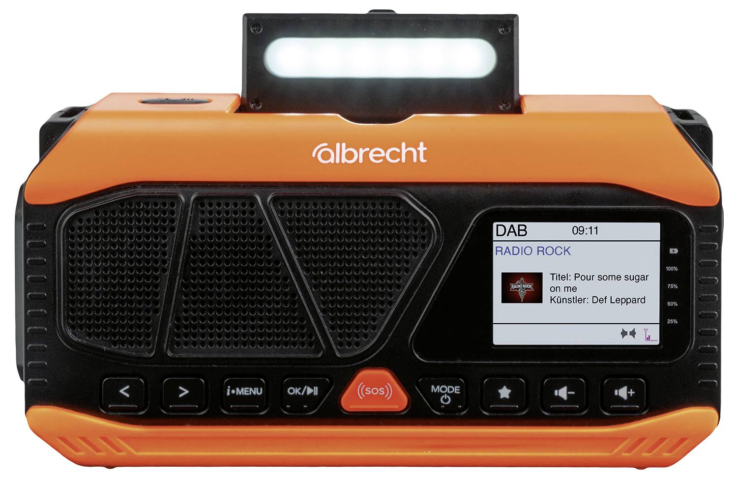 Přenosné DAB rádio Orange Albrecht s horním svítilnou, přední mřížkou reproduktoru a displejem zobrazujícím "DAB" a "RADIO ROCK".