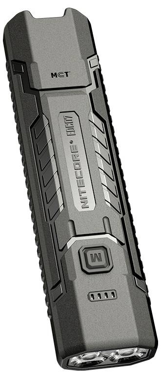 Černobílá svítilna MCT Nitecore s označením "NITECORE" a třemi LED diodami na přední straně.