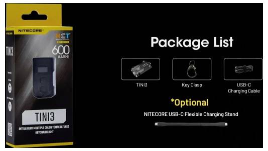 Nitecore TINI3 balíček klíčenky světla obsahující světlo, klíčenku, kabel USB-C na nabíjení a volitelný flexibilní nabíjecí stojan USB-C.