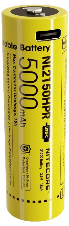 Žlutá 21700 nabíjecí lithiová baterie označená "NL2150HPIR", "5000mAh" a "USB-C", zobrazená ve vzpřímené poloze.