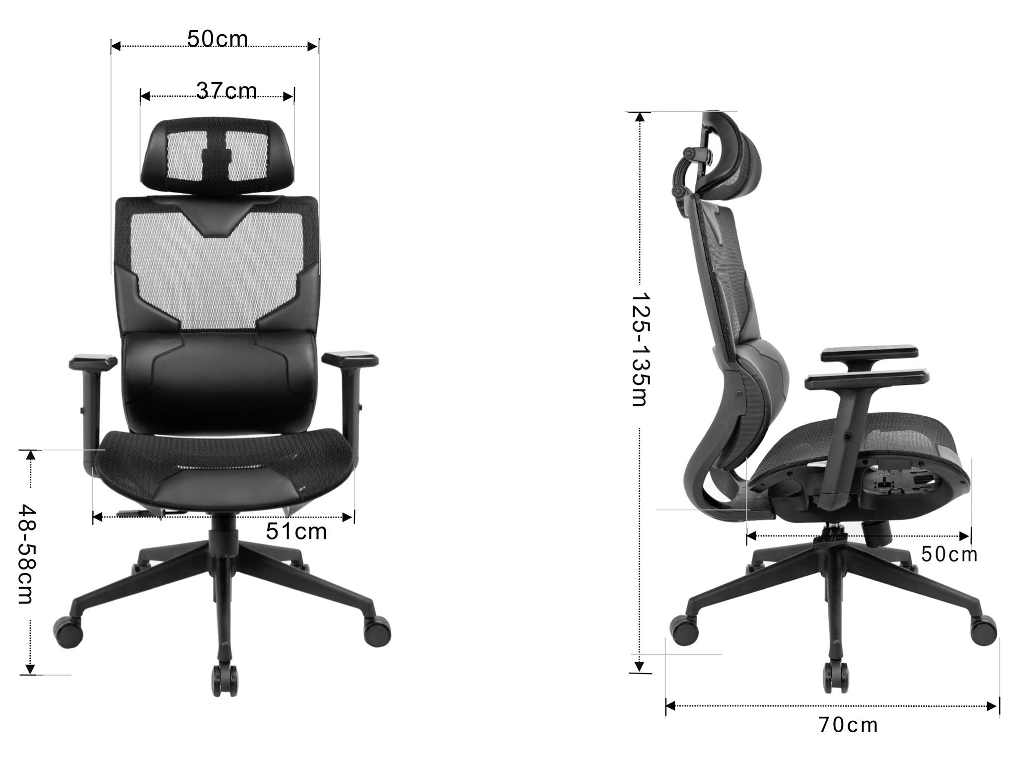 Ilustrovaná ergonomická kancelářská židle zobrazená v přední a boční perspektivě s rozměry: 50 cm na šířku, 70 cm na hloubku, 125-135 cm na výšku, výška sedáku 48-58 cm.