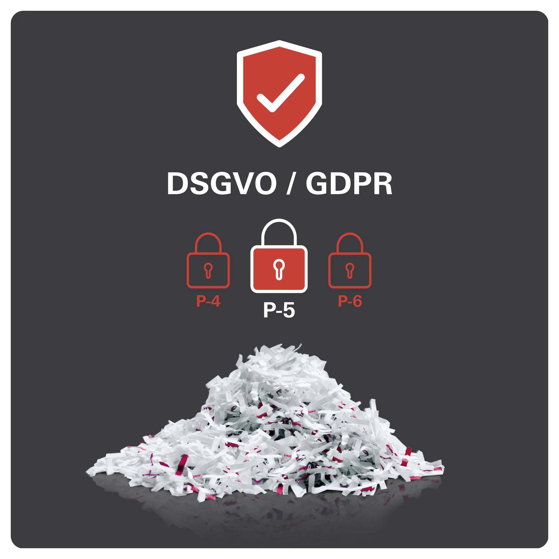 Grafika o souladu s GDPR/DSGVO se štítem, třemi visacími zámky označenými P-4, P-5 a P-6 a hromadou trhané papíru níže.