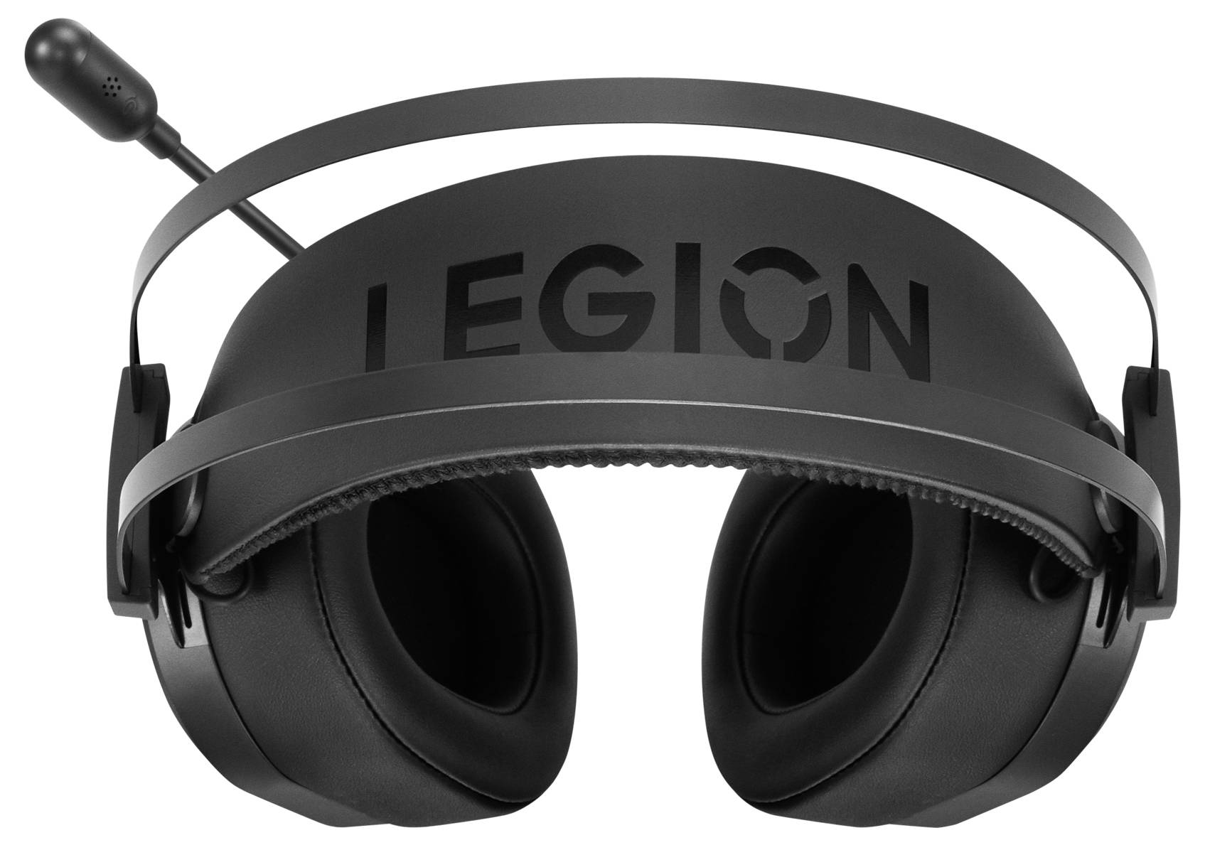 Černá herní sluchátka přes uši s čelenkou a připevněným výsuvným mikrofonem značky 'LEGION'.