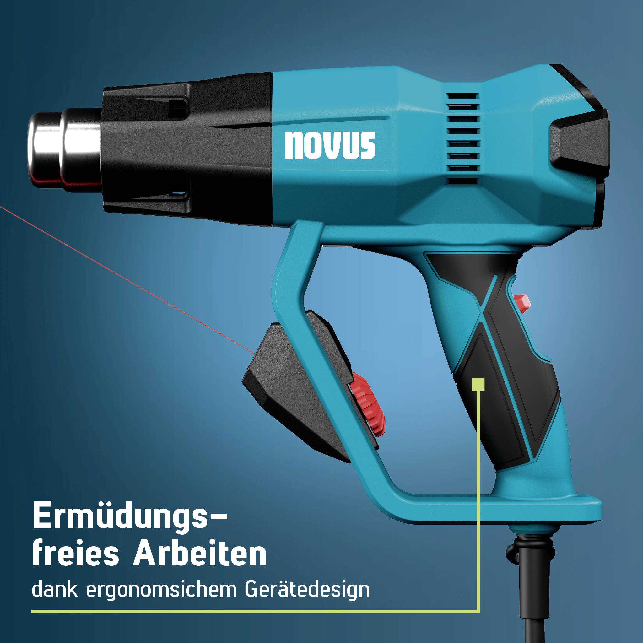 Modrá a černá teplovzdušná pistole označená "novus" s německým textem "Ermüdungs-freies Arbeiten dank ergonomischem Gerätedesign" propagující ergonomické bezstresové pracování.