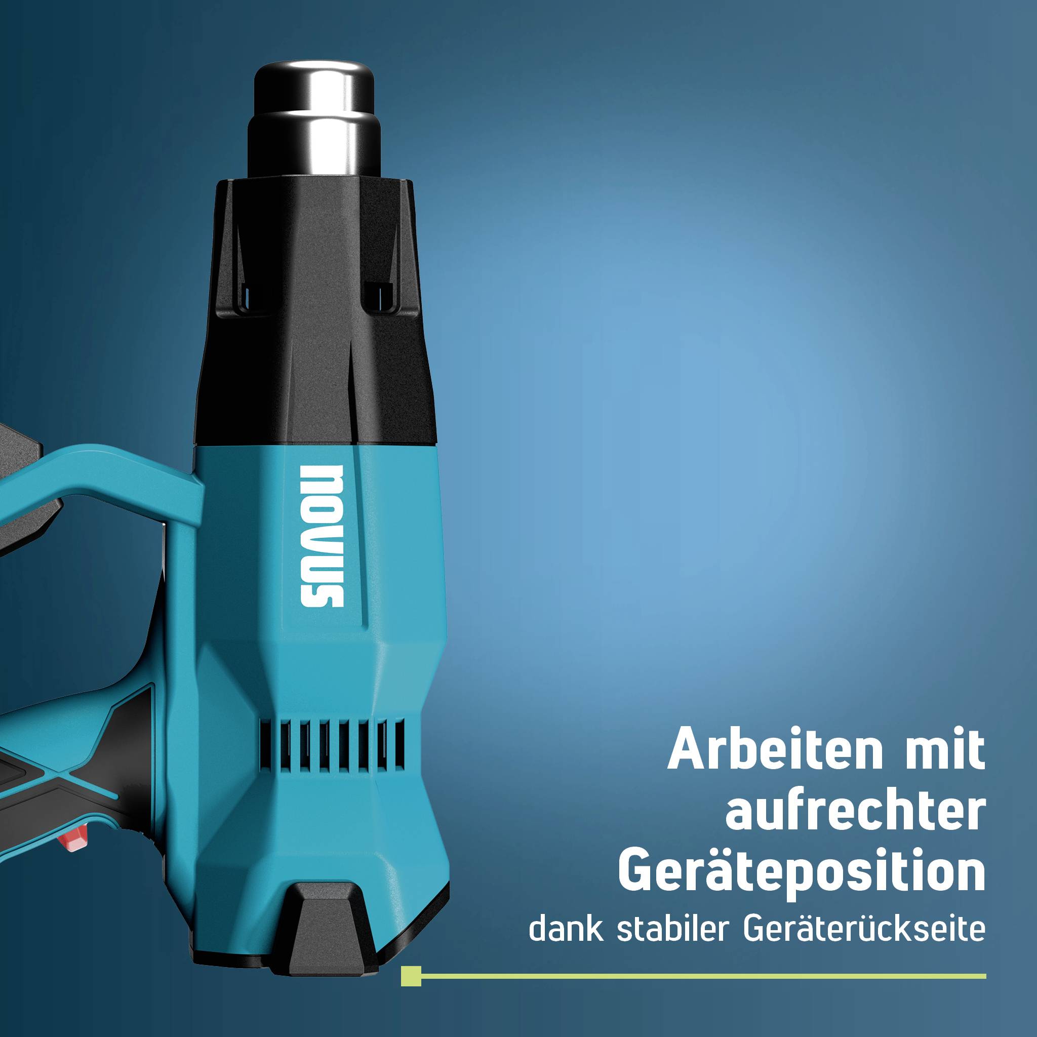 Obrázek produktu modře a černě zbarvovaného elektrického nářadí NOVUS stojícího vzpřímeně s českým textem: 'Práce v kolmé poloze nářadí díky stabilní zadní straně zařízení'
