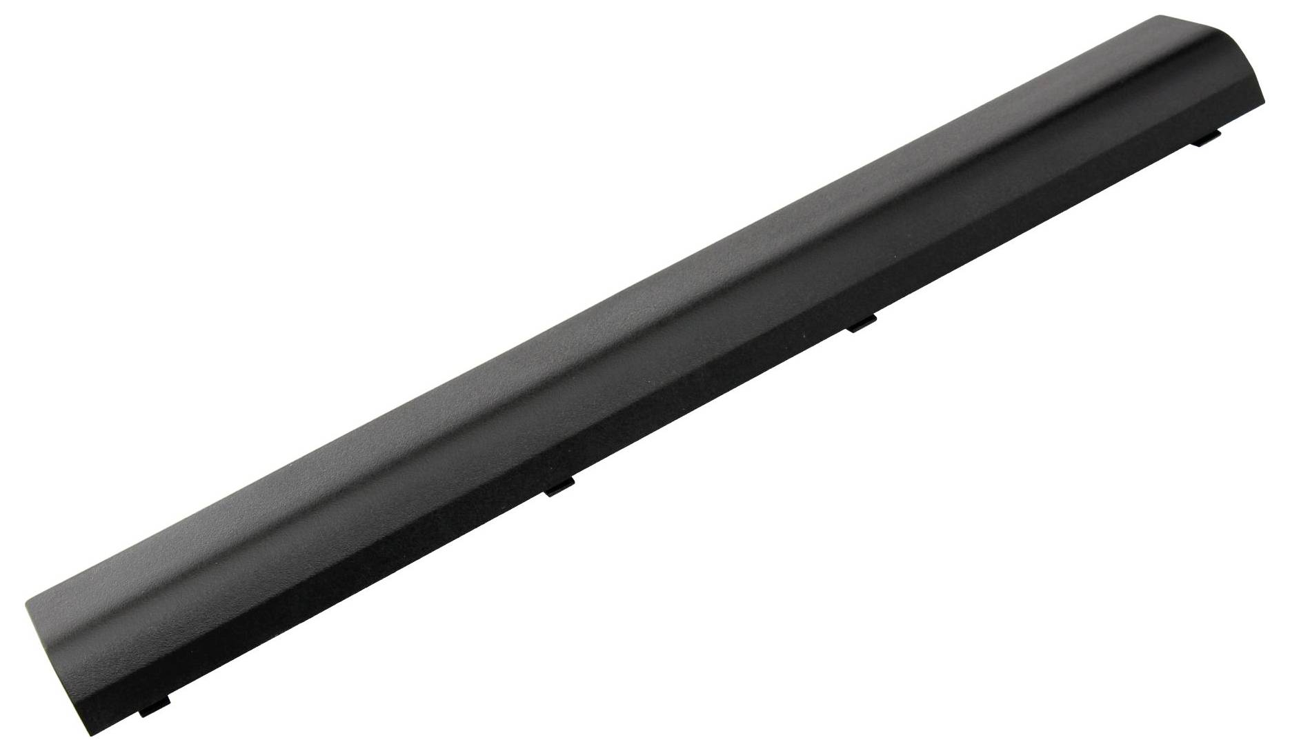 Černá obdélníková baterie laptopу zobrazená diagonálně na bílém pozadí.