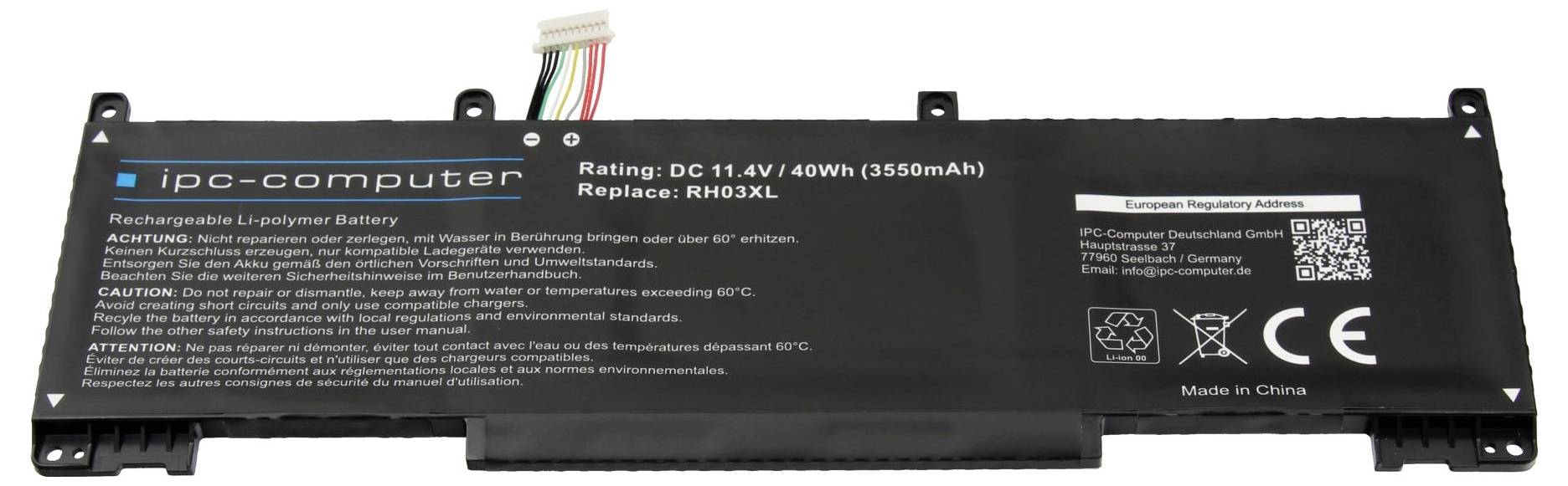 Černý bateriový balíček notebooku značený ipc-computer, 11.4V 40Wh 3550mAh, s konektorem nahoře a varovným textem.