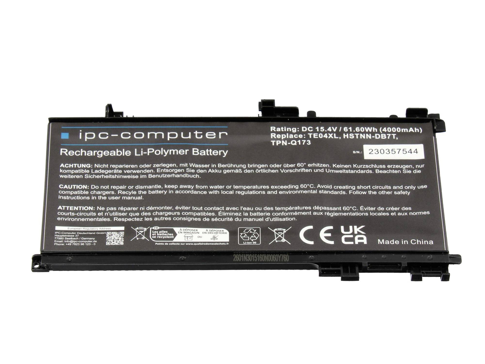 Černý nabíjecí lithium-iontový akumulátor notebooku označený "ipc-computer" s bílými technickými specifikacemi a bezpečnostními upozorněními na bílém pozadí.