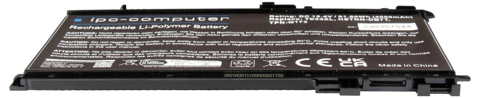 Černá baterie notebooku označená iPod Computer a Rechargeable Li-polymer Battery, zobrazená na bílém pozadí.