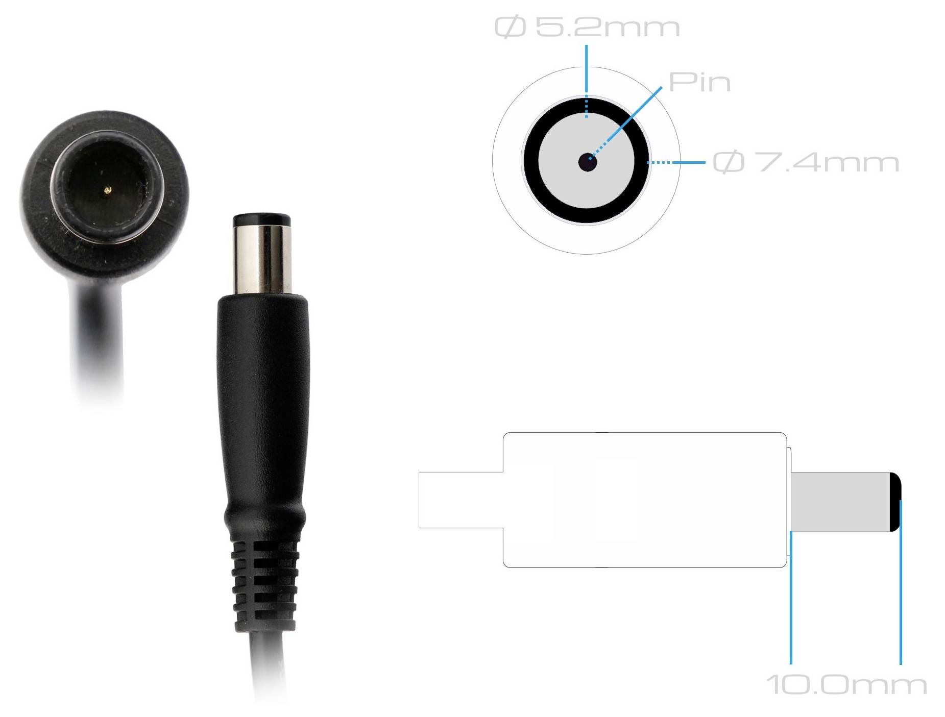 Diagram konektoru DC barelu napájení zobrazující kolík a rozměry: vnitřní průměr 5,2 mm, vnější průměr 7,4 mm a délka 10,0 mm.