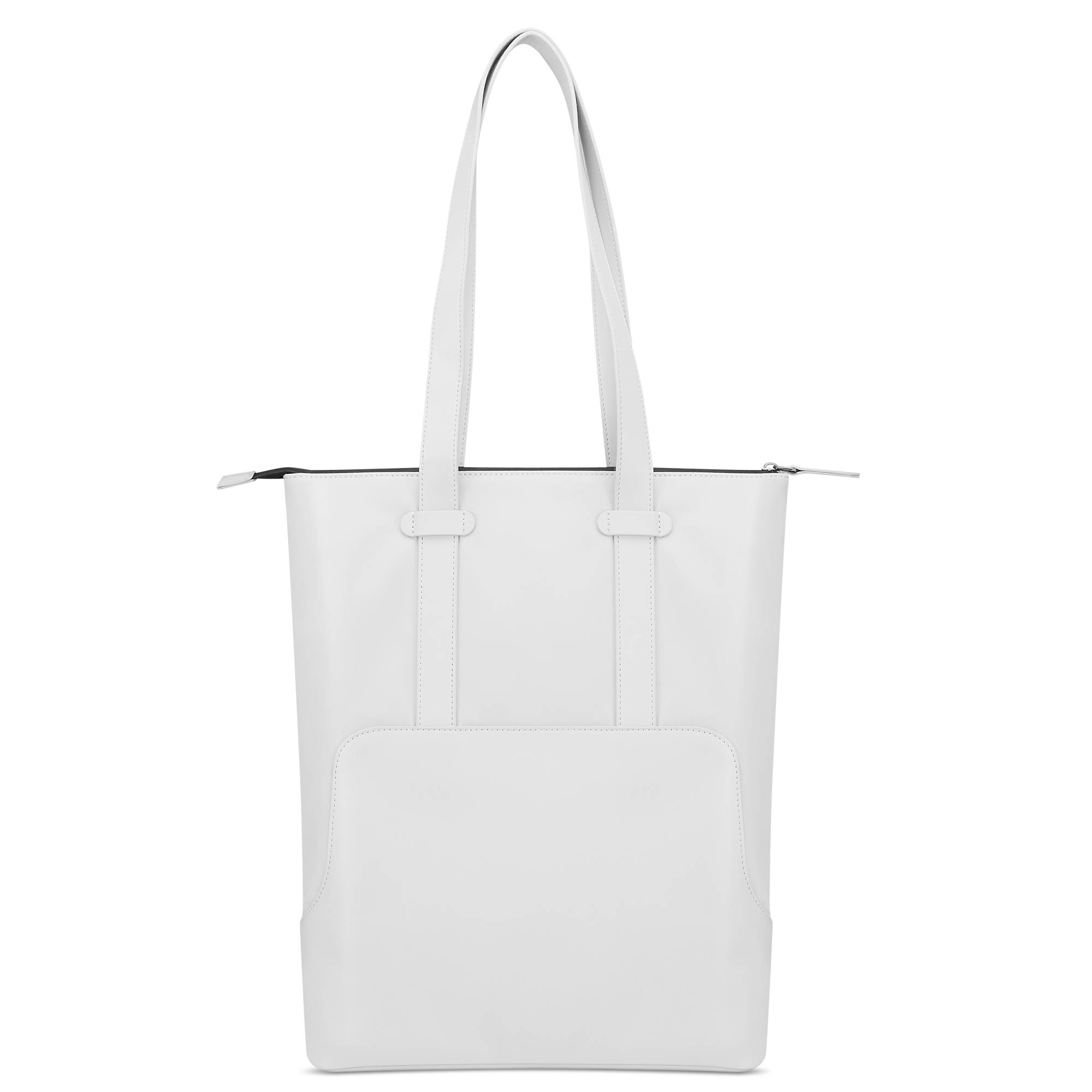 Bílá nákupní taška s dlouhými uchy a velkou přední kapsou, zobrazená na jednoduchém pozadí.
