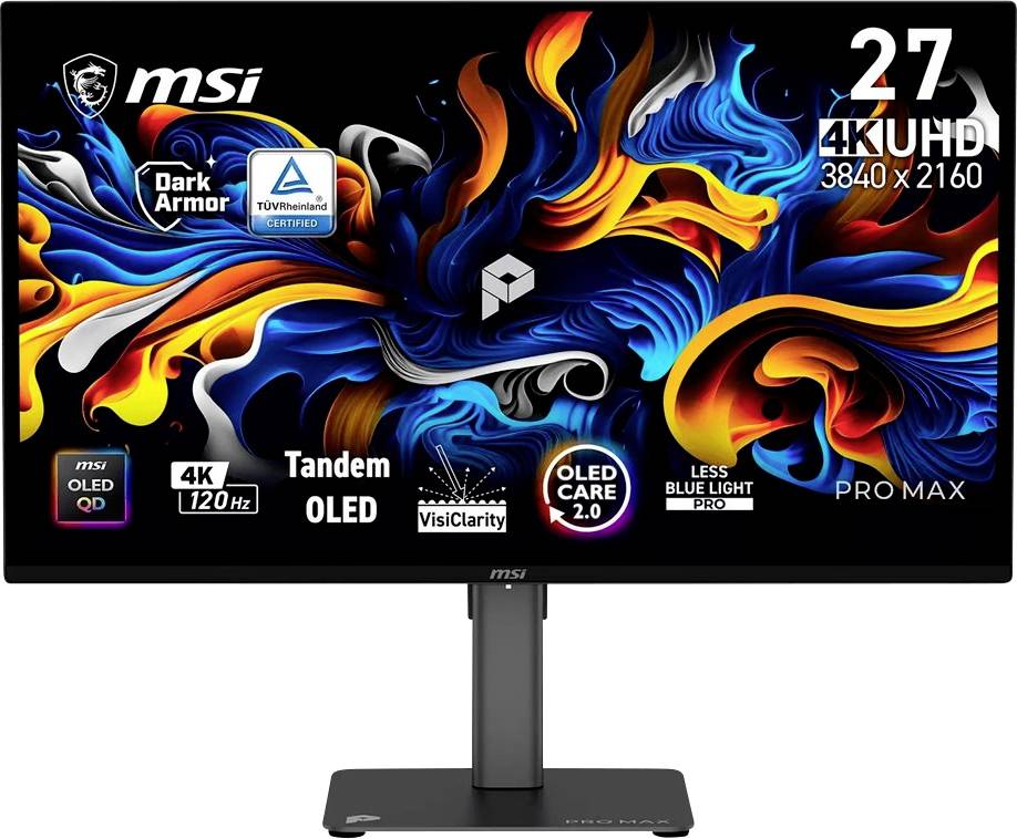 Monitor MSI 27 palců 4K UHD na stojanu s barevnou abstraktní vírovou grafikou a odznak funkcí pro OLED, 120 Hz, OLED Care 2.0 a Less Blue Light Pro.