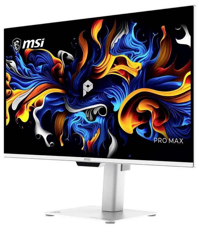Monitor MSI Pro Max na bílém stojanu, zobrazující živou abstraktní grafiku s modrými, oranžovými a žlutými vířícími pruhy na černé obrazovce.
