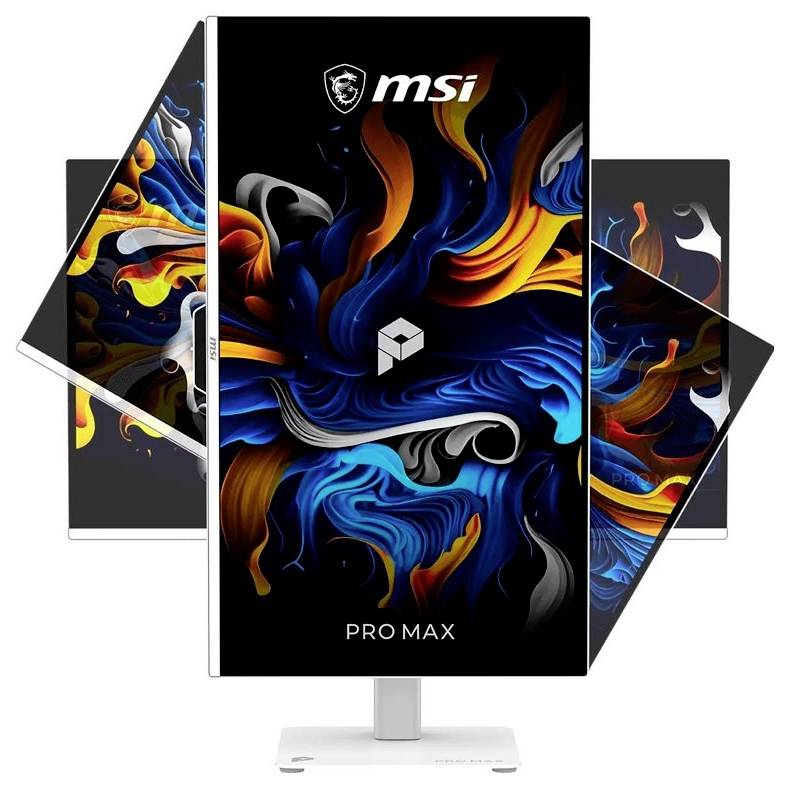 Monitor MSI PRO MAX zobrazený uprostřed s abstraktním barevným vírícím se uměleckým dílem na obrazovce, obklopený dvěma skloněnými bočními displeji na bílém podstavci.