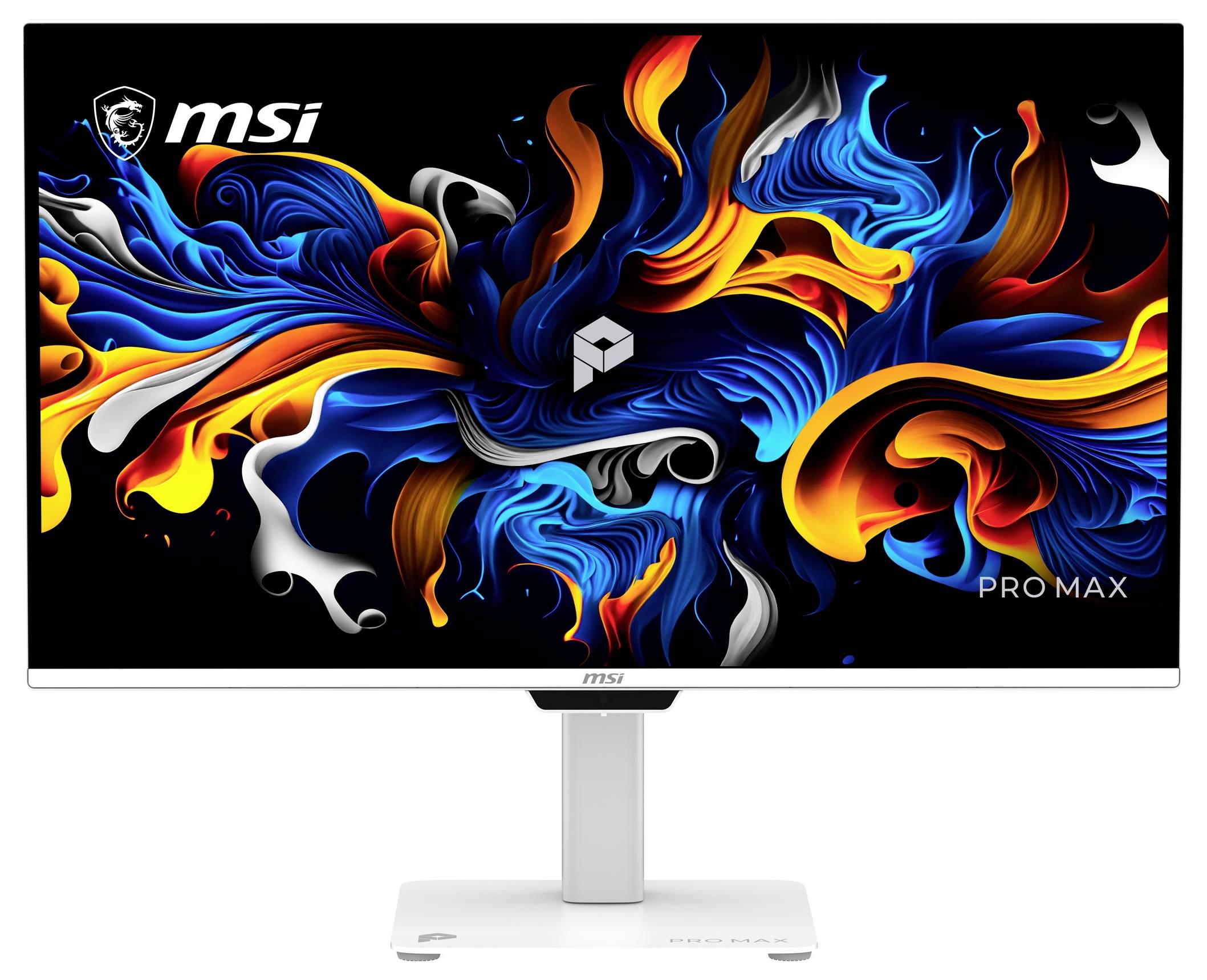 Monitor MSI Pro Max s živým abstraktním modrým, oranžovým a černým vířením na bílém stojanu.