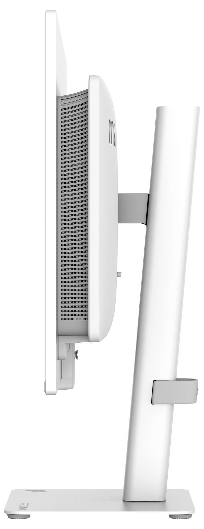 Boční pohled na bílý stolní monitor na stojanu, zobrazující štíhlý displej s děrovanou zadní ventilací a obdélníkovou základnou.