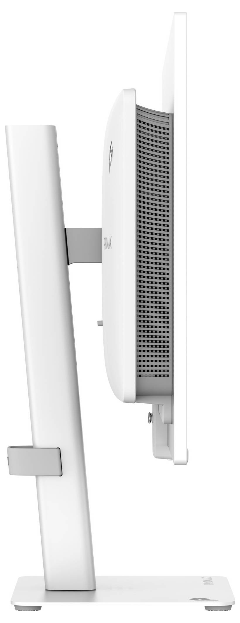 Boční pohled na bílý stolní monitor na stojanu, který ukazuje tenký displej, zadní větrací mřížku a nastavitelný držák na neutrálním pozadí.