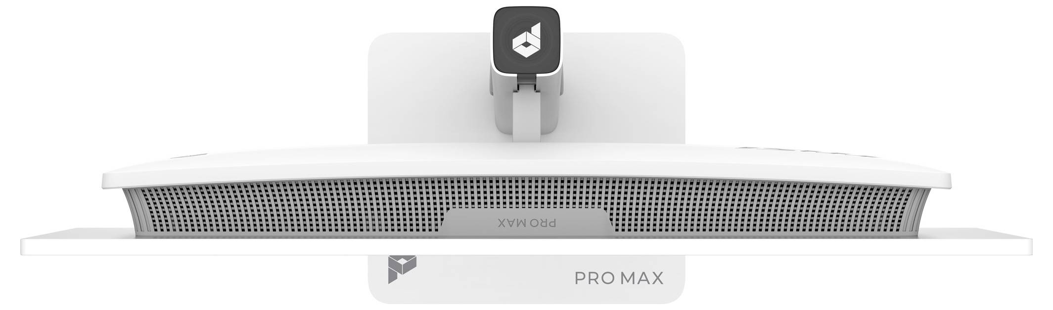 Přední pohled na bílý monitor se středovým stojánem, ukazující stříbrnou mřížku a štítky "Xvive U0d" a "PRO MAX" na základně.