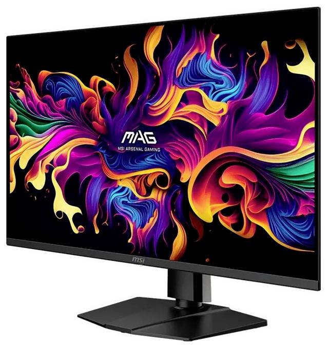 MSI MAG herní monitor s živým abstraktním vícebarevným vírtem na černé obrazovce, zobrazen na jeho stojanu na bílém pozadí.